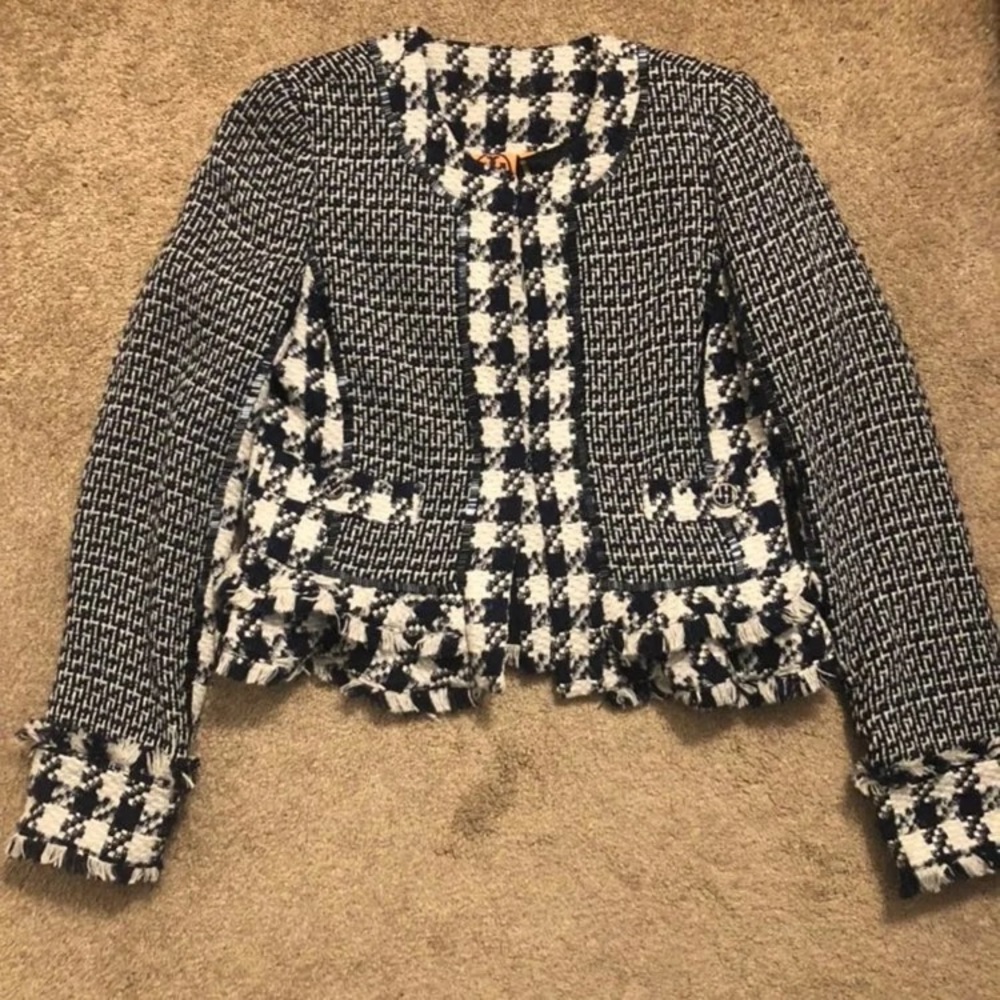 Tory Burch tweed blazer jacket 4 gingham navy